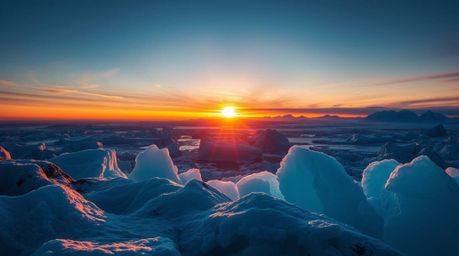 A stunning high-resolution stock photo depicting an ethereal and mystical sunset over icy polar glaciers.  The image features