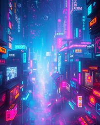 Experience a mesmerizing futuristic city in a state of vibrant glitch. Flickering lights, broken holograms, and a mystical au