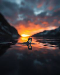 An extreme macro close-up provides a sharp focus on a small detail within the reflection of a sunset in a glassy fjord. Captu
