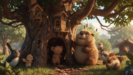 In a highly detailed, high-resolution stock photo with a style reminiscent of Pixar animation, a busy beaver with a kind expr