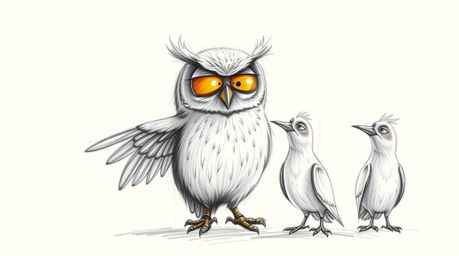 A rough, textured pencil sketch depicts a heartwarming scene: a blind owl, rendered in Pixar style, instructing birds on how 