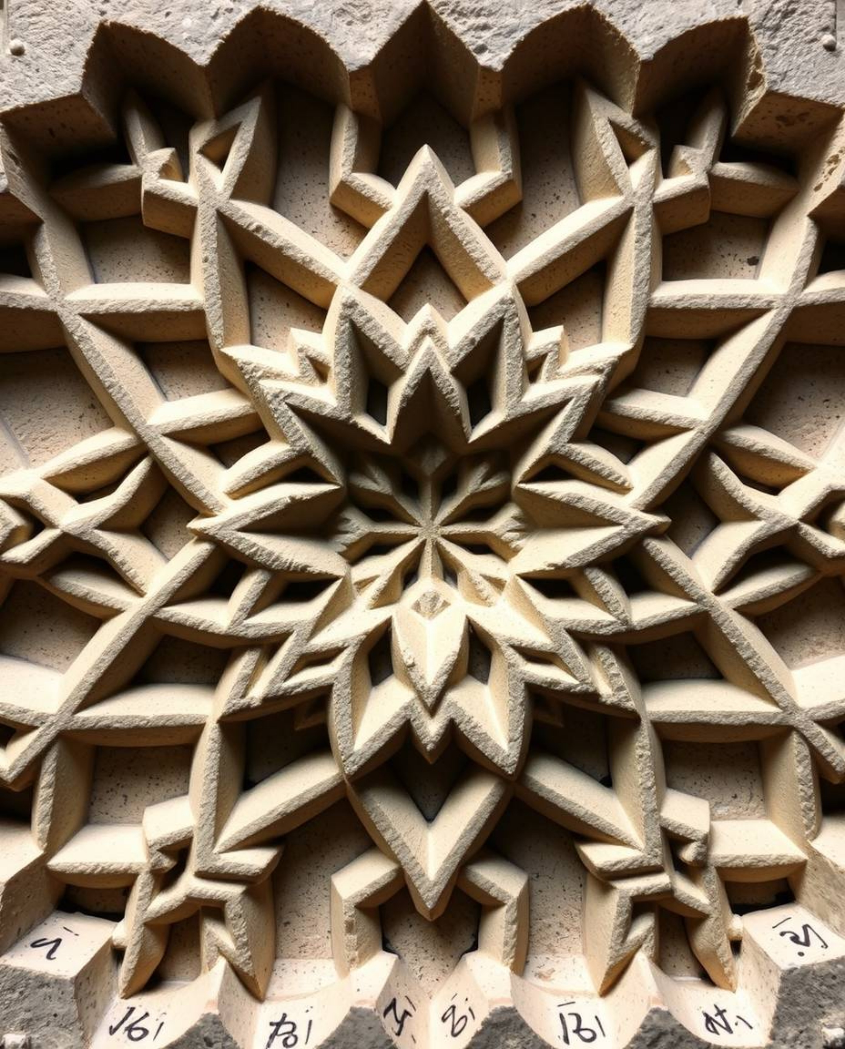 Explore the mesmerizing beauty of Islamic geometric patterns carved in stone, reminiscent of intricate origami folds. These d