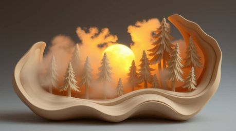 This collection showcases sculptural clay art depicting the ethereal beauty of mist rising from a forest during the golden ho