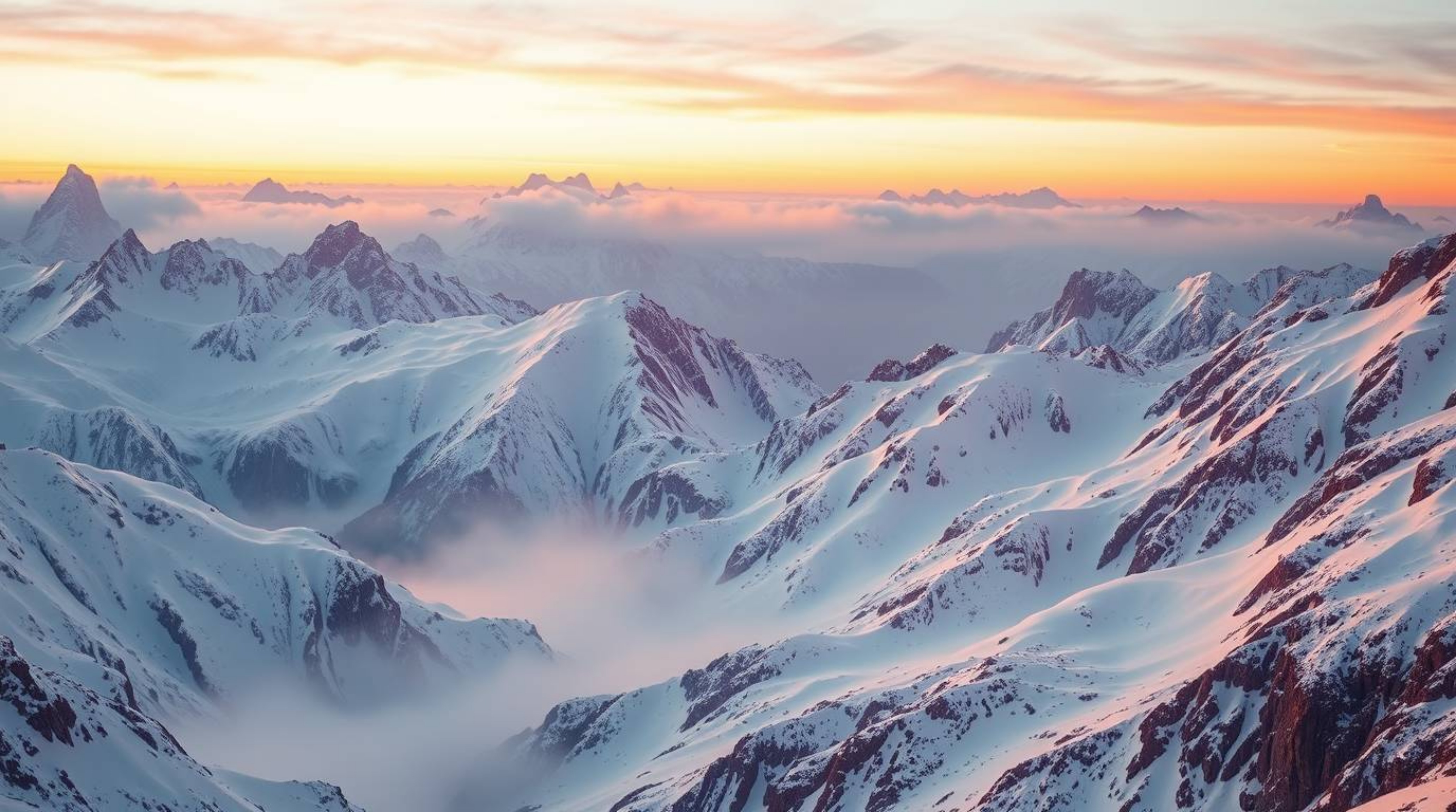 A breathtaking landscape showcasing snow-covered mountains illuminated by a soft pastel sunset. The scene evokes a dreamlike 