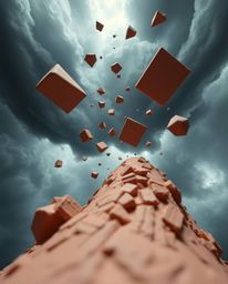 This sculptural clay art captures a surreal storm from a dramatic low-angle perspective. Flying objects defy gravity amidst m