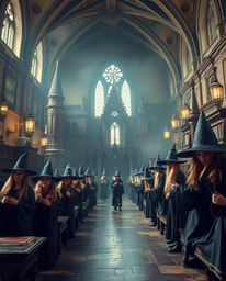 Immerse yourself in a magical school brimming with young wizards, brought to life with a soft, cinematic haze and a cast bron