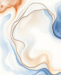 This artwork showcases a delicate watercolor painting of smooth, 3D fluid shapes adorned with metallic textures, all floating
