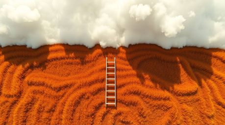 This minimalist scene captures a powerful metaphor for opportunity. A silver ladder stands tall in an open field beneath a wi
