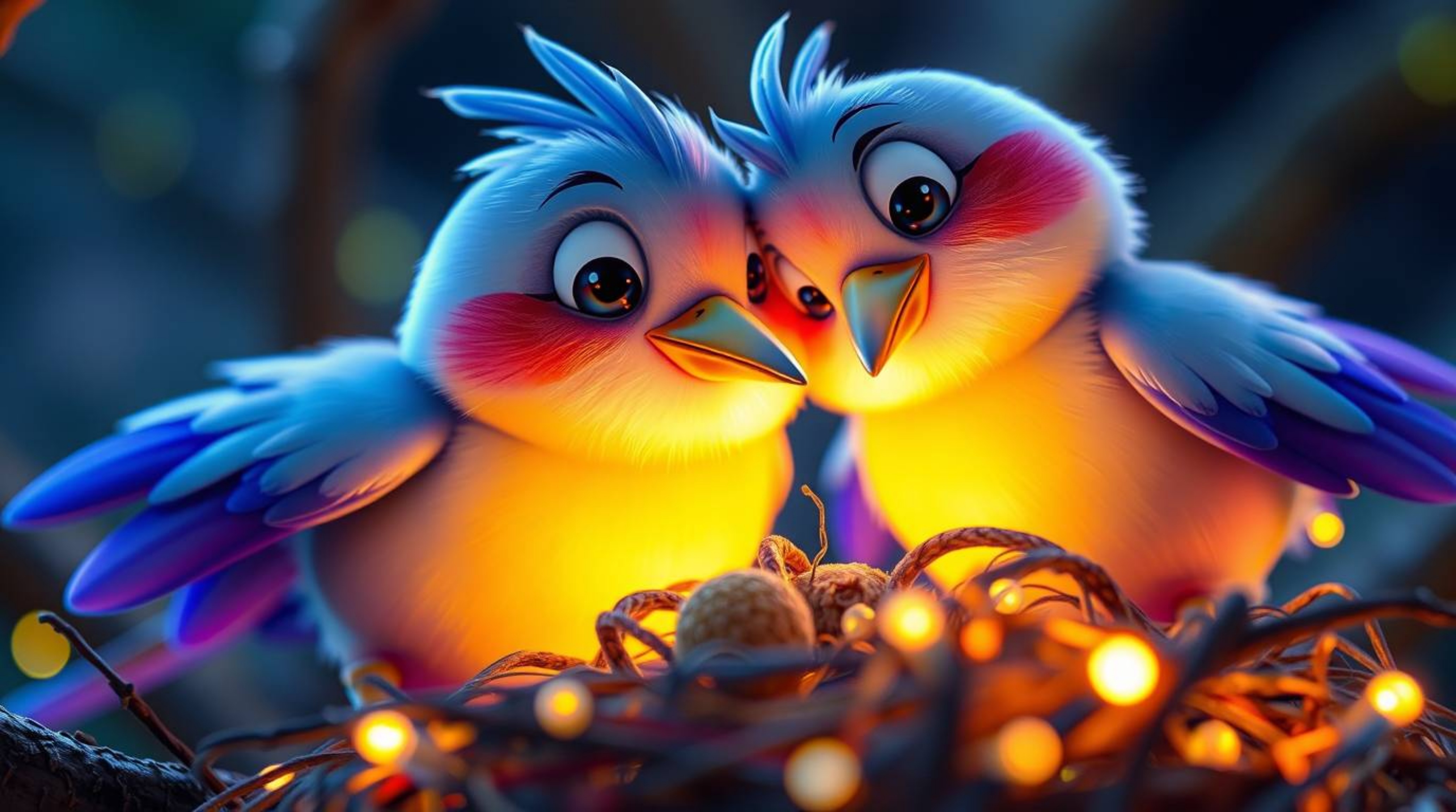 An extreme close-up showcases two charming cartoon birds, rendered in a classic animation style, diligently constructing thei