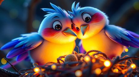 An extreme close-up showcases two charming cartoon birds, rendered in a classic animation style, diligently constructing thei