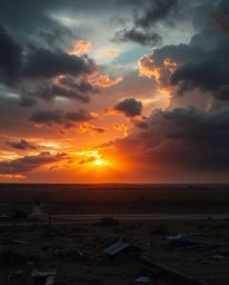 This high-resolution stock photo captures a breathtaking sunrise over a war-torn landscape, showcasing intense dramatic weath