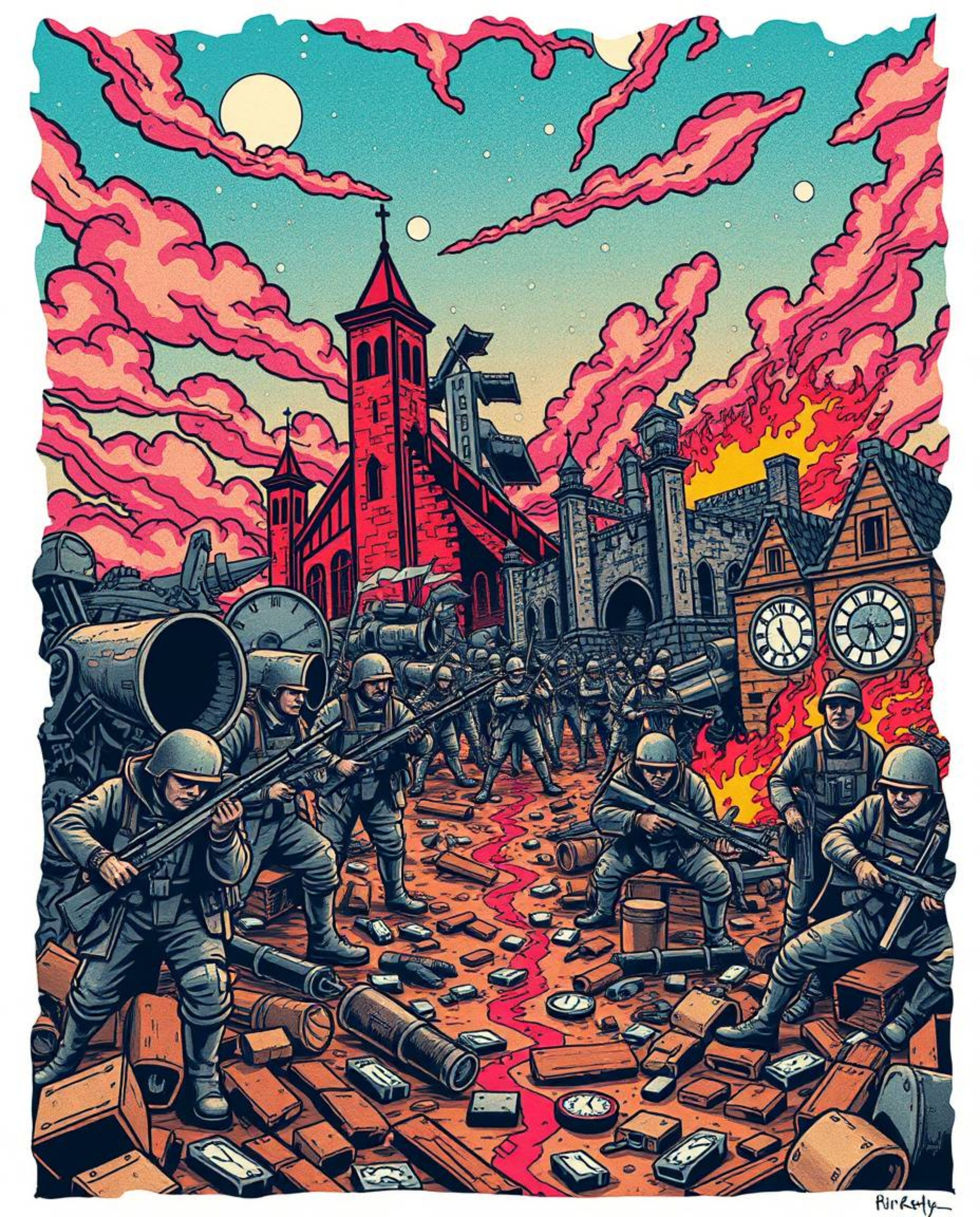 This art print depicts a symbolic battlefield where time-warped soldiers clash amidst crumbling buildings, rendered in vibran