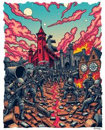 This art print depicts a symbolic battlefield where time-warped soldiers clash amidst crumbling buildings, rendered in vibran