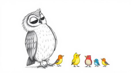 A heartwarming hand-drawn sketch in a Pixar-esque style depicts a wise, blind owl with textured feathers sharing the secrets 