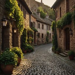 Imagine a picturesque scene: a winding cobblestone street nestled within a charming medieval village.  Ivy-covered cottages l