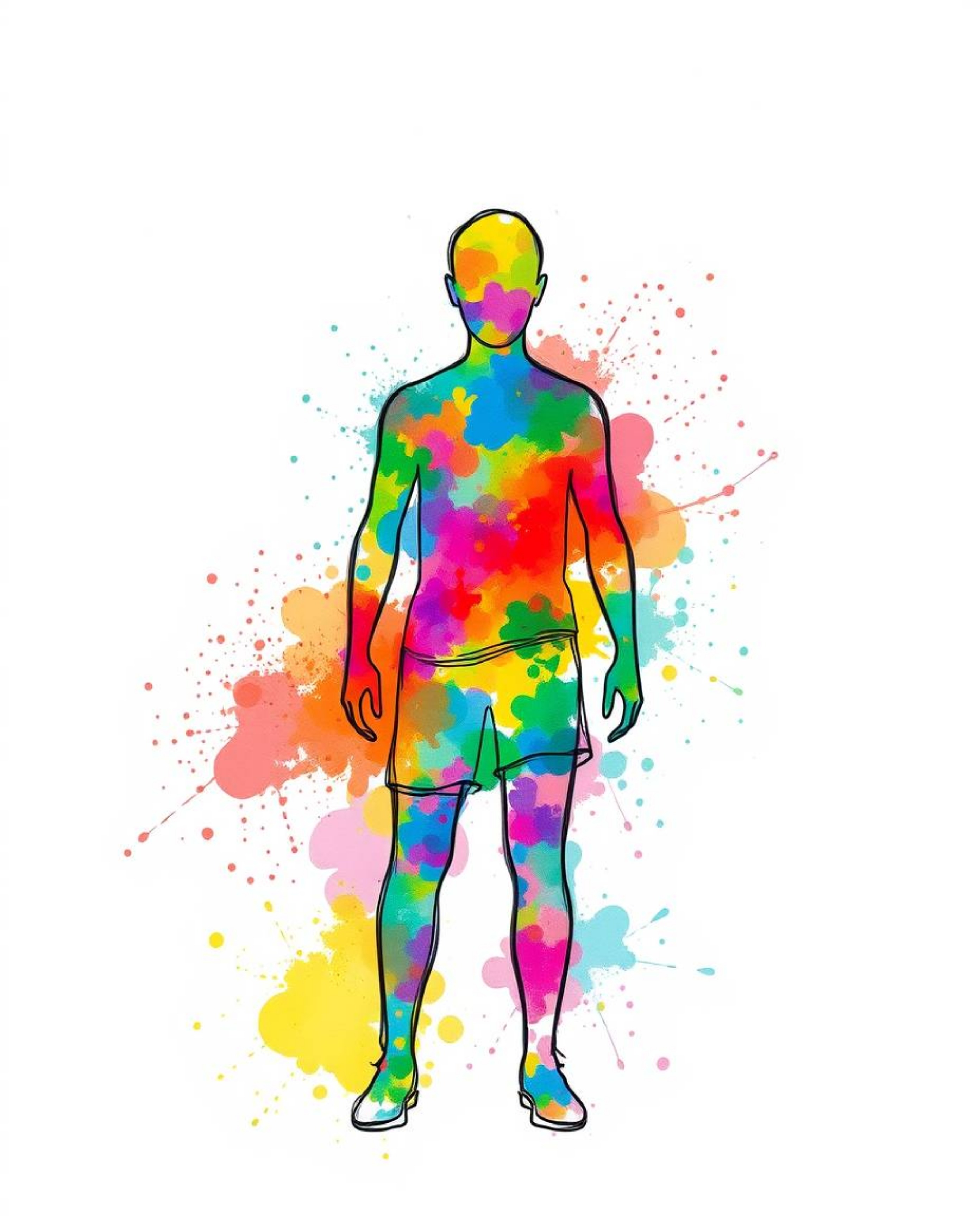 A vibrant and captivating hand-drawn sketch showcasing a human silhouette constructed from colorful splash patterns. This mod