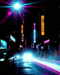 Immerse yourself in a pixelated cyberpunk street scene, brought to life through glitch art.  Intense jet black and deep shado