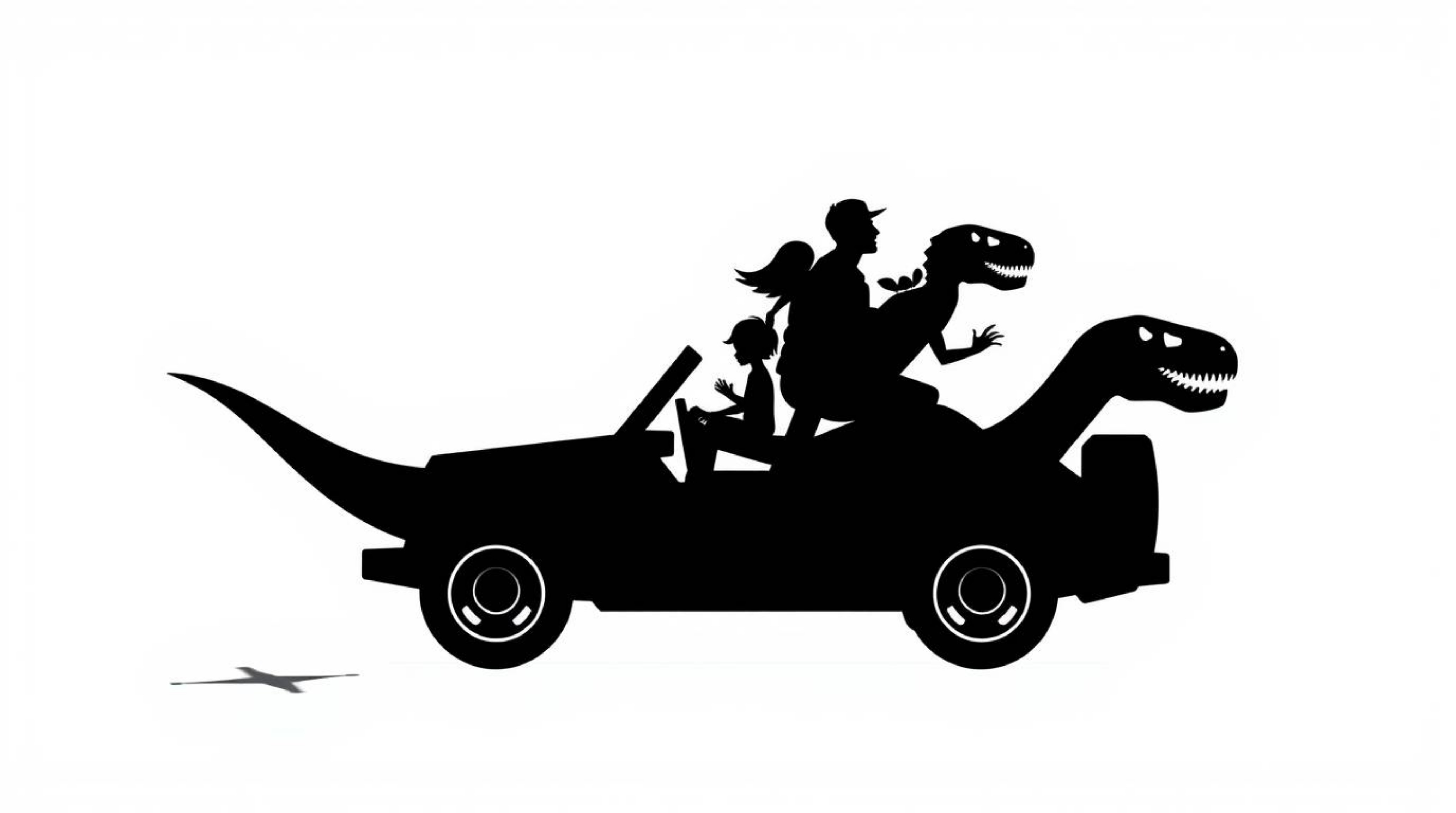 This geometric logo features a prehistoric family silhouetted against a stark background, riding in a dinosaur car.  Strong, 