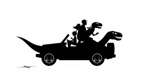 This geometric logo features a prehistoric family silhouetted against a stark background, riding in a dinosaur car.  Strong, 