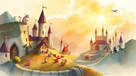This artwork depicts a whimsical fantasy kingdom brought to life through delicate watercolor techniques. Quirky magical creat