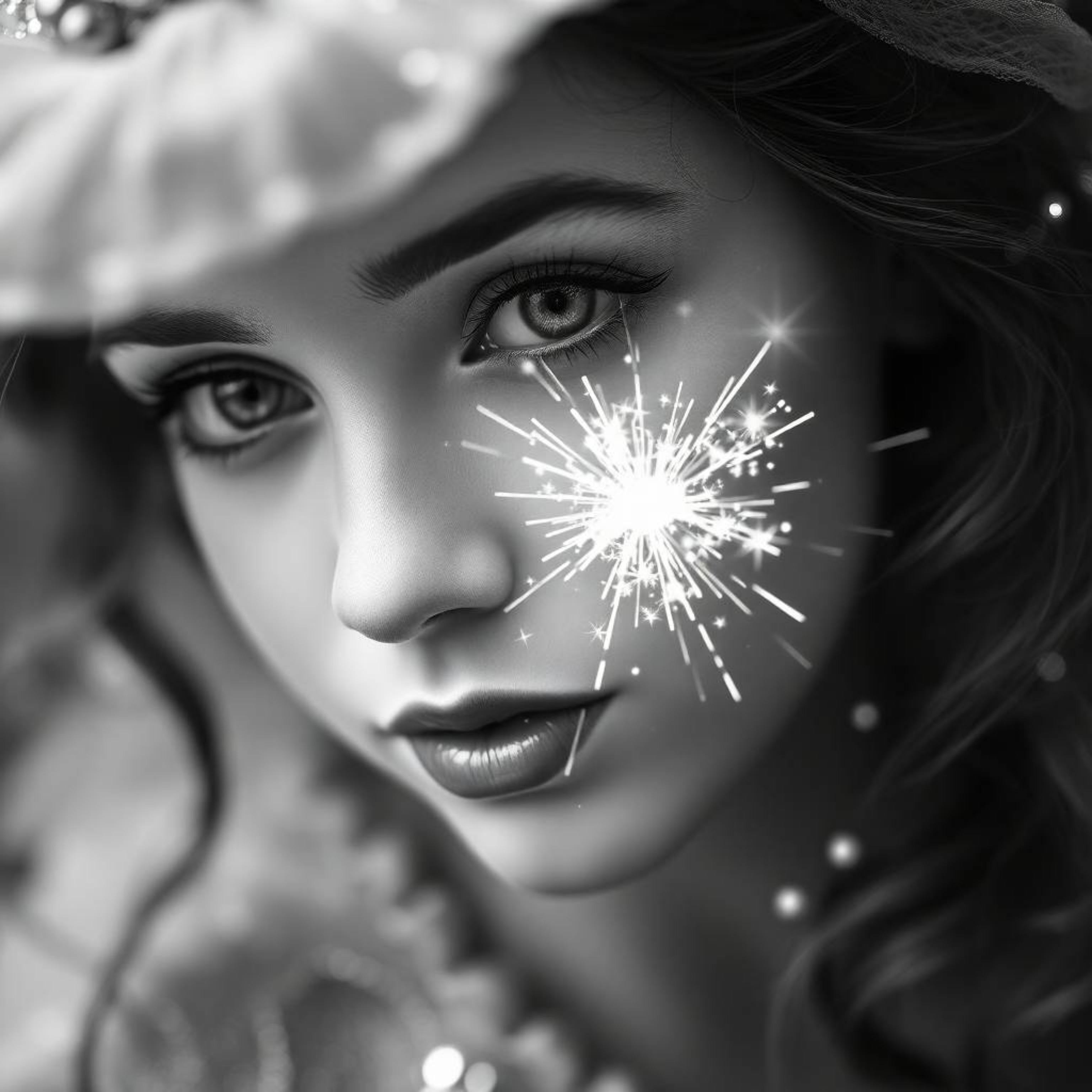 This image captures a timeless and elegant moment with a classic black and white, tight close-up photograph featuring a fairy