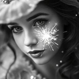 This image captures a timeless and elegant moment with a classic black and white, tight close-up photograph featuring a fairy