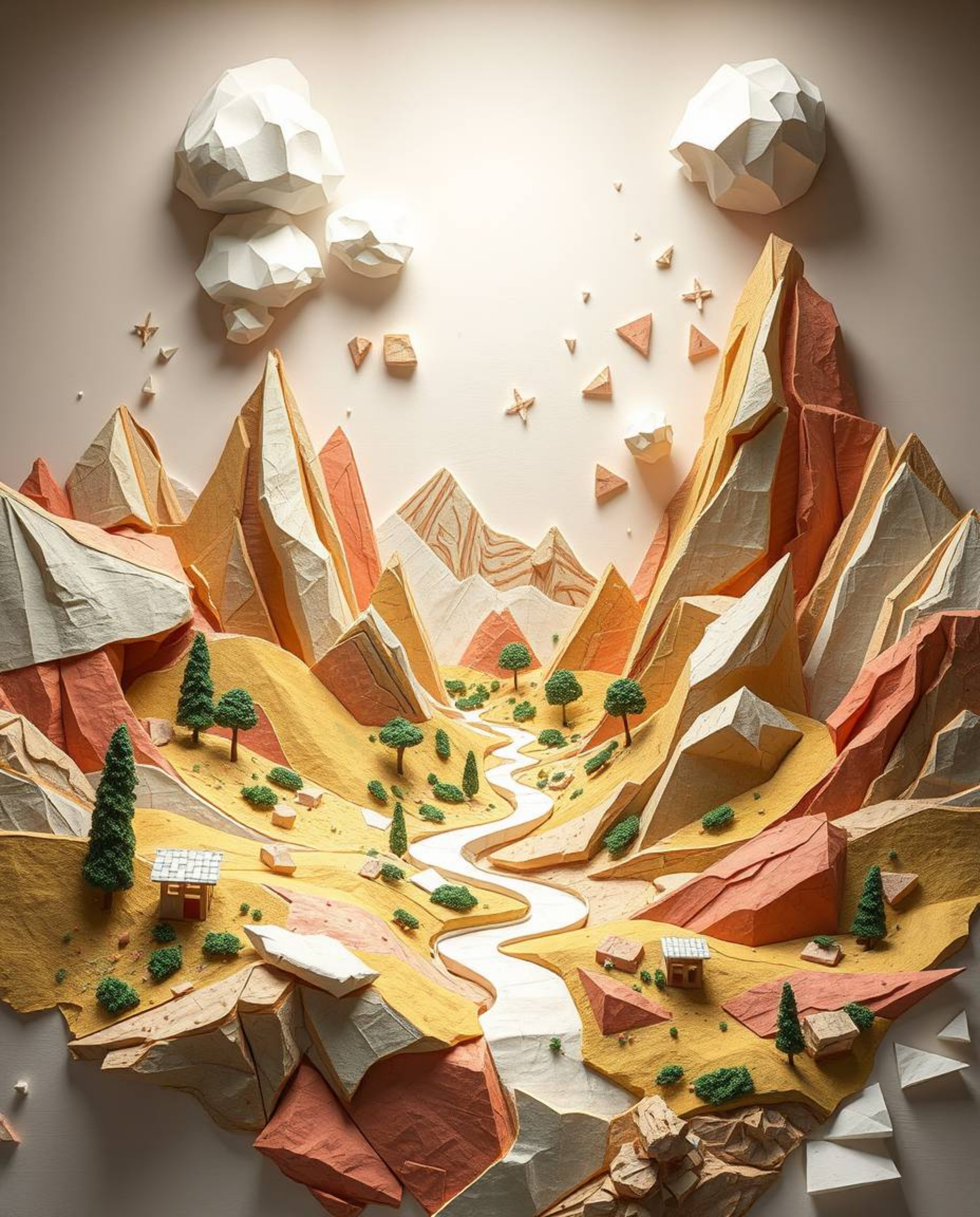 A captivating digital glitch landscape crafted with sculpted papier-mâché techniques, showcasing a breaking apart effect with
