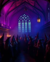 A professional fine art photograph capturing a magical school teeming with young wizards bathed in deep ultraviolet hues and 