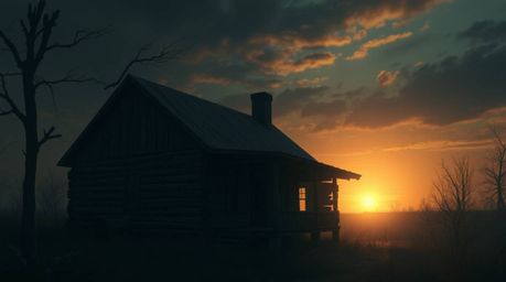 A digital painting depicts an old wooden cabin at sunset, creating an eerie and suspenseful atmosphere.  Gentle soft light co