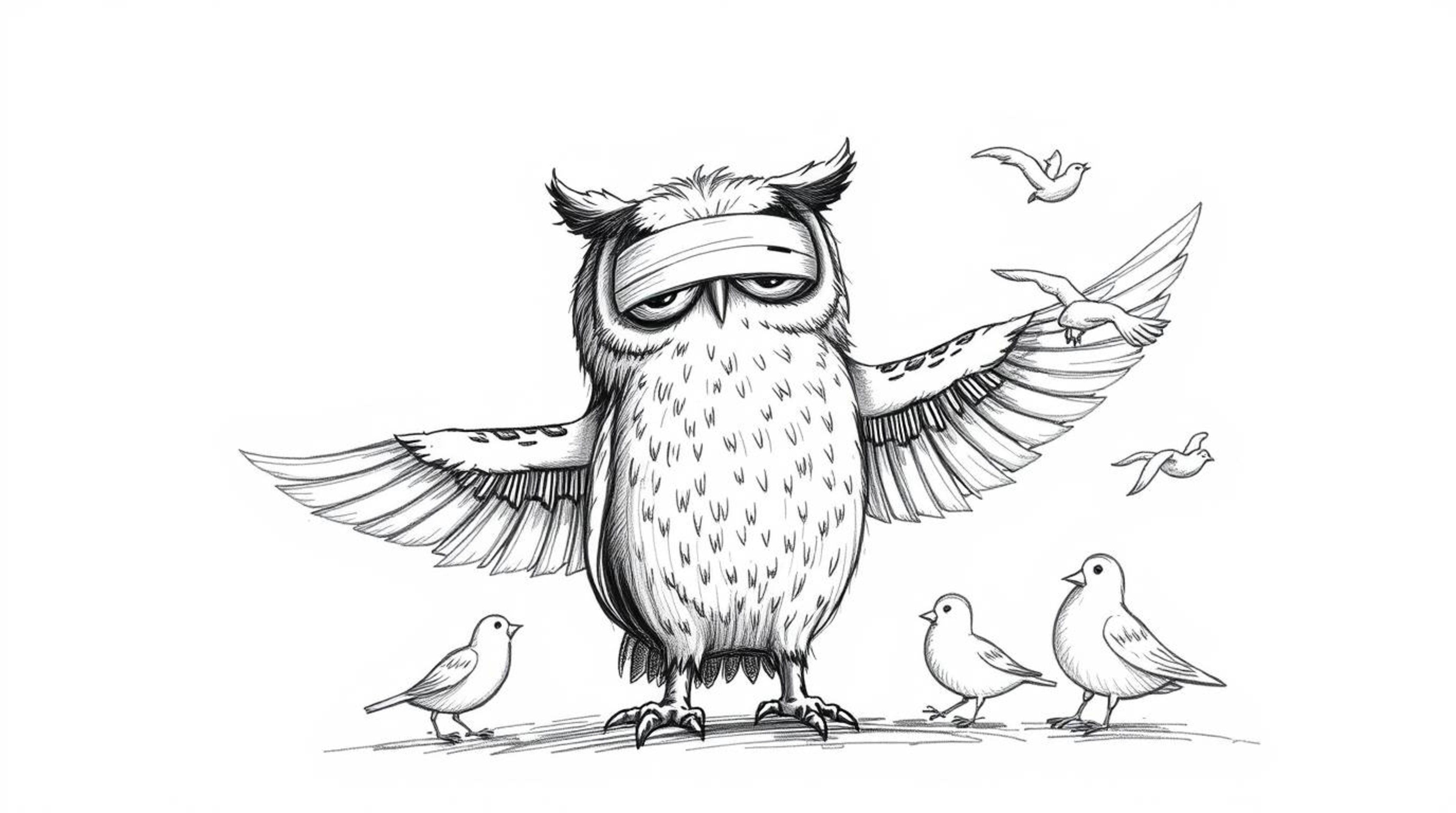 A heartwarming Pixar-style sketch depicts a blind owl, rendered with textured pencil strokes and rough lines, teaching a floc