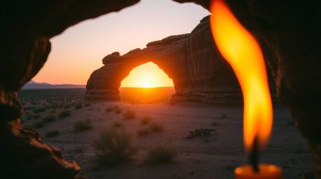 Experience the breathtaking beauty of a desert sunset viewed through a natural rock arch. This captivating image showcases vi