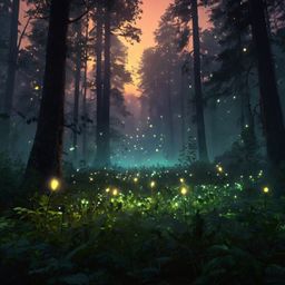A captivating digital painting that depicts a serene forest scene at dusk.  Glowing fireflies illuminate the undergrowth, whi
