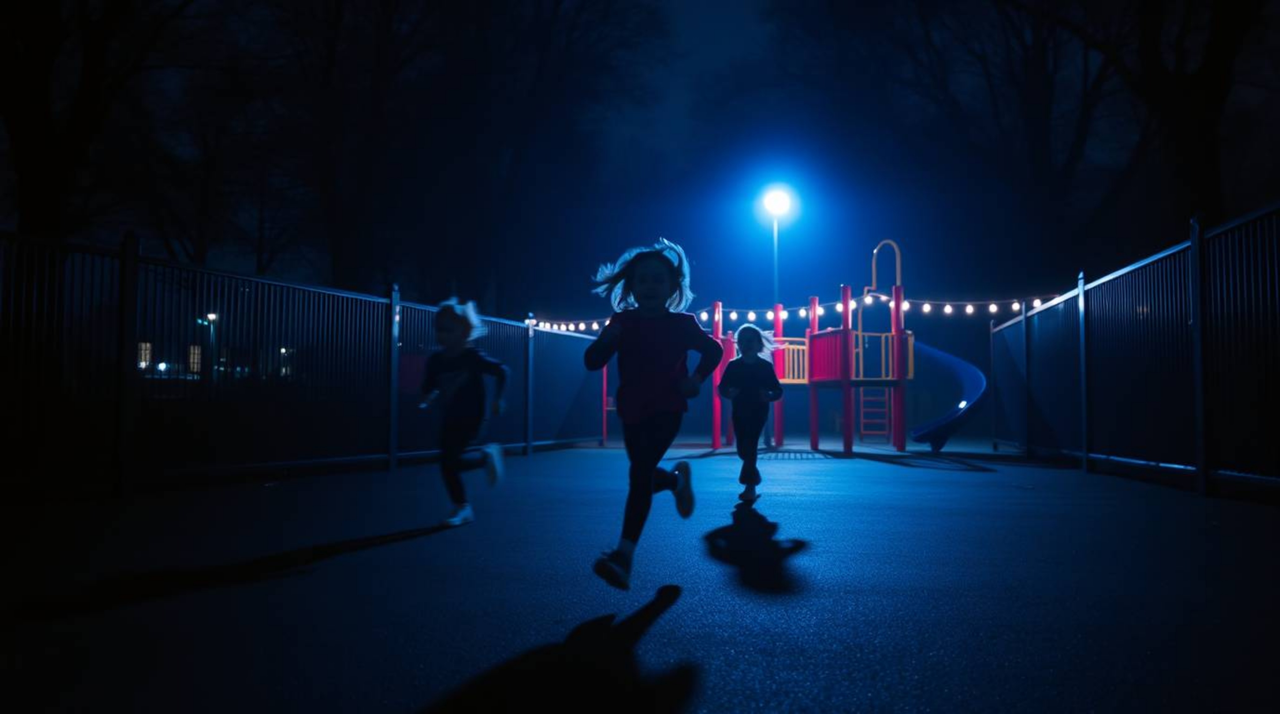 Experience a captivating dramatic slow-motion run through a playground, bathed in the opulent hues of rich burgundy and deep 