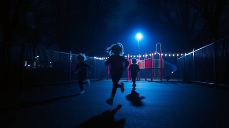 Experience a captivating dramatic slow-motion run through a playground, bathed in the opulent hues of rich burgundy and deep 