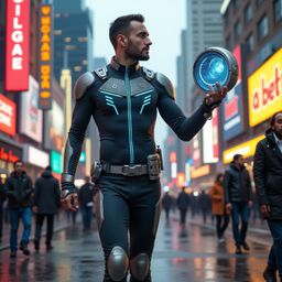 A time traveler, clad in a cutting-edge suit with metallic details and illuminated circuits, finds themselves in the heart of