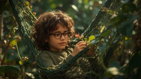 a warmly lit, cinematic photograph of a bespectacled, curly-haired homeschooled genius, perhaps around 12-13 years old, with 