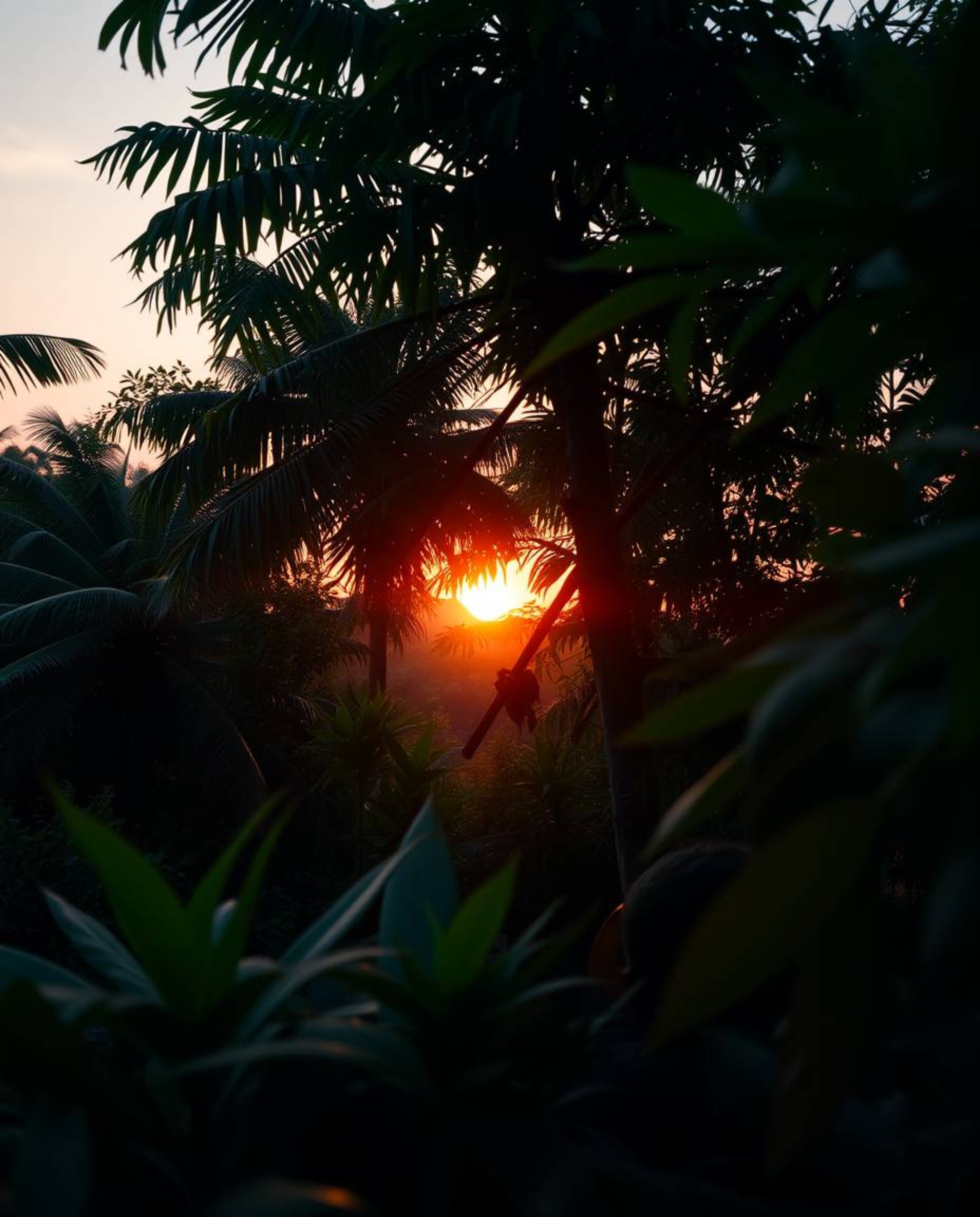 A high-resolution stock photo captures an extreme macro close-up of a sunset filtering through a dense jungle canopy. The ima