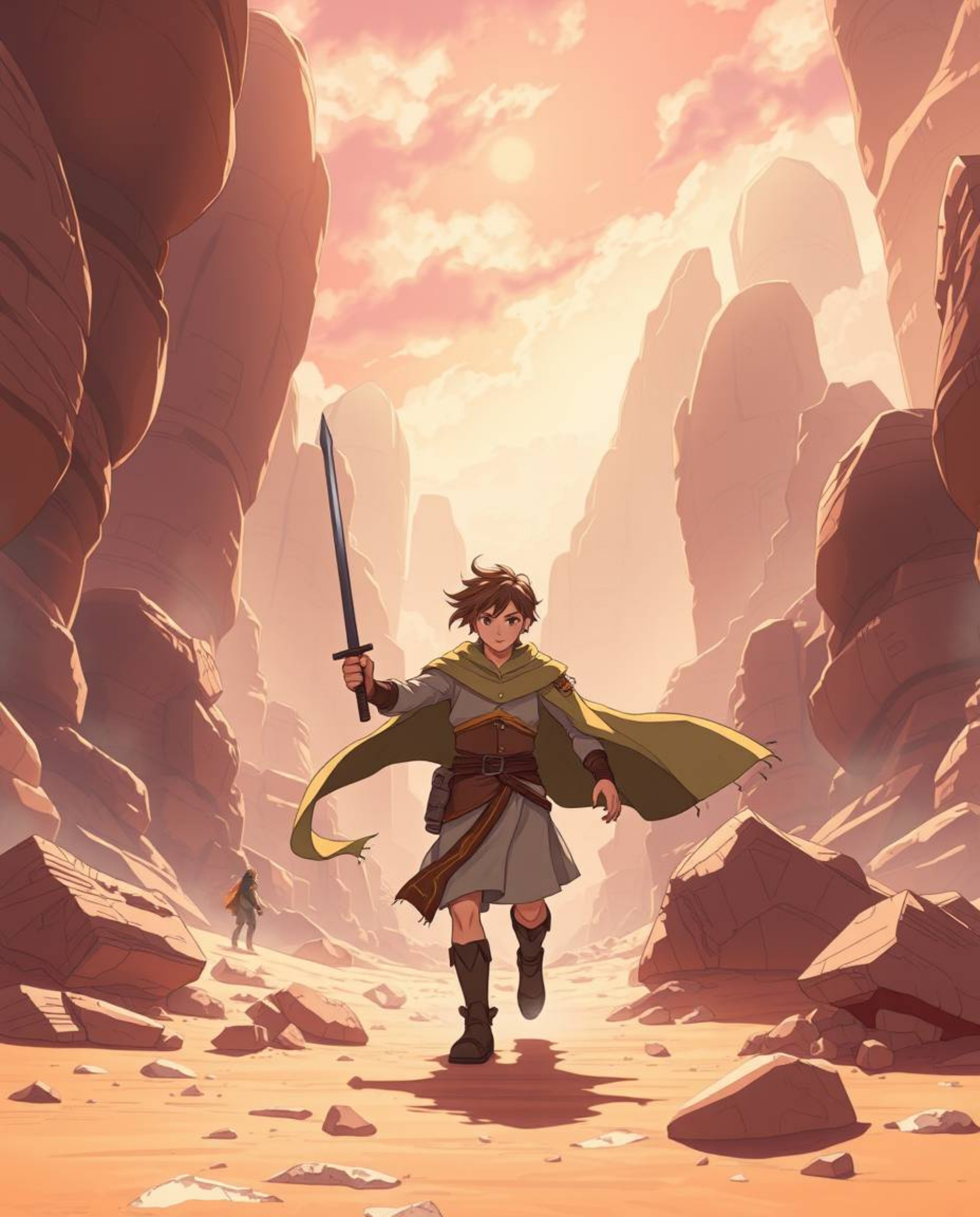 Explore a breathtaking isekai anime-style illustration featuring a brave Disney-style hero embarking on a desert adventure in