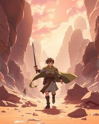 Explore a breathtaking isekai anime-style illustration featuring a brave Disney-style hero embarking on a desert adventure in