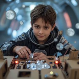A captivating image in the style of Pixar, showcasing a young boy in a sleek spacesuit, meticulously building a fantastical c