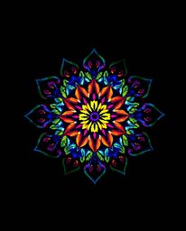 A captivating image showcases a geometric floral mandala bathed in dramatic, high-contrast, low-key lighting.  Vibrant, elect