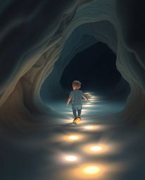 A captivating image depicting a child with light skin embarking on an adventure into a cave, guided by a trail of softly glow