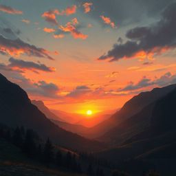 Experience the tranquility of a quiet mountain valley bathed in the warm hues of a cinematic sunset. This digital painting ca