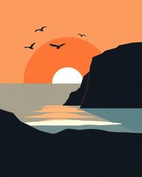 A modern flat design illustrates a coastal cliff sunset, complete with soaring birds. The artwork is characterized by its use