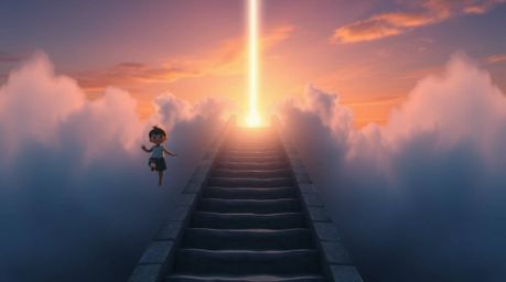 A lone, adorable figure ascends a stone staircase bathed in the soft light of a setting sun. Thick smoke swirls around the st