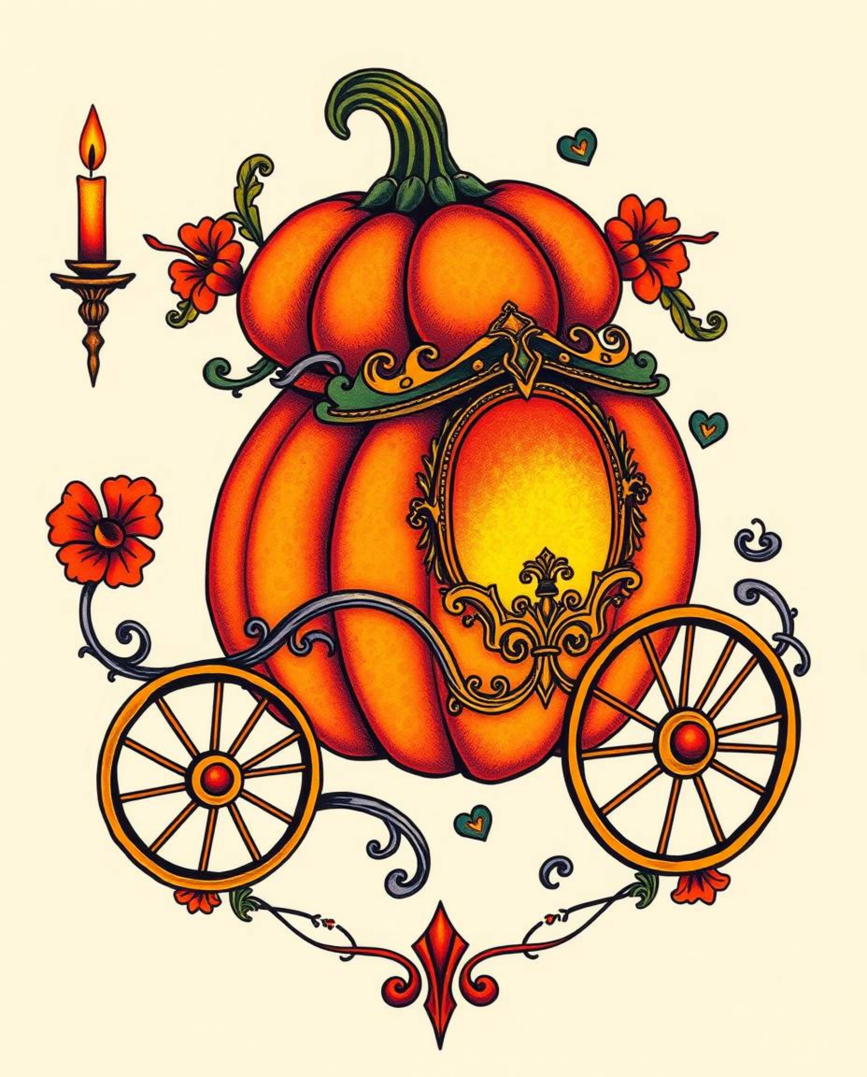 This stunning tattoo art print showcases a magical pumpkin transforming into a carriage, a symbolic and traditional design.  