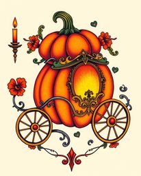 This stunning tattoo art print showcases a magical pumpkin transforming into a carriage, a symbolic and traditional design.