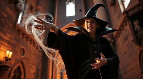 A captivating image showcasing a classic Disney villain casting a spell within an old castle.  The photograph features a dist