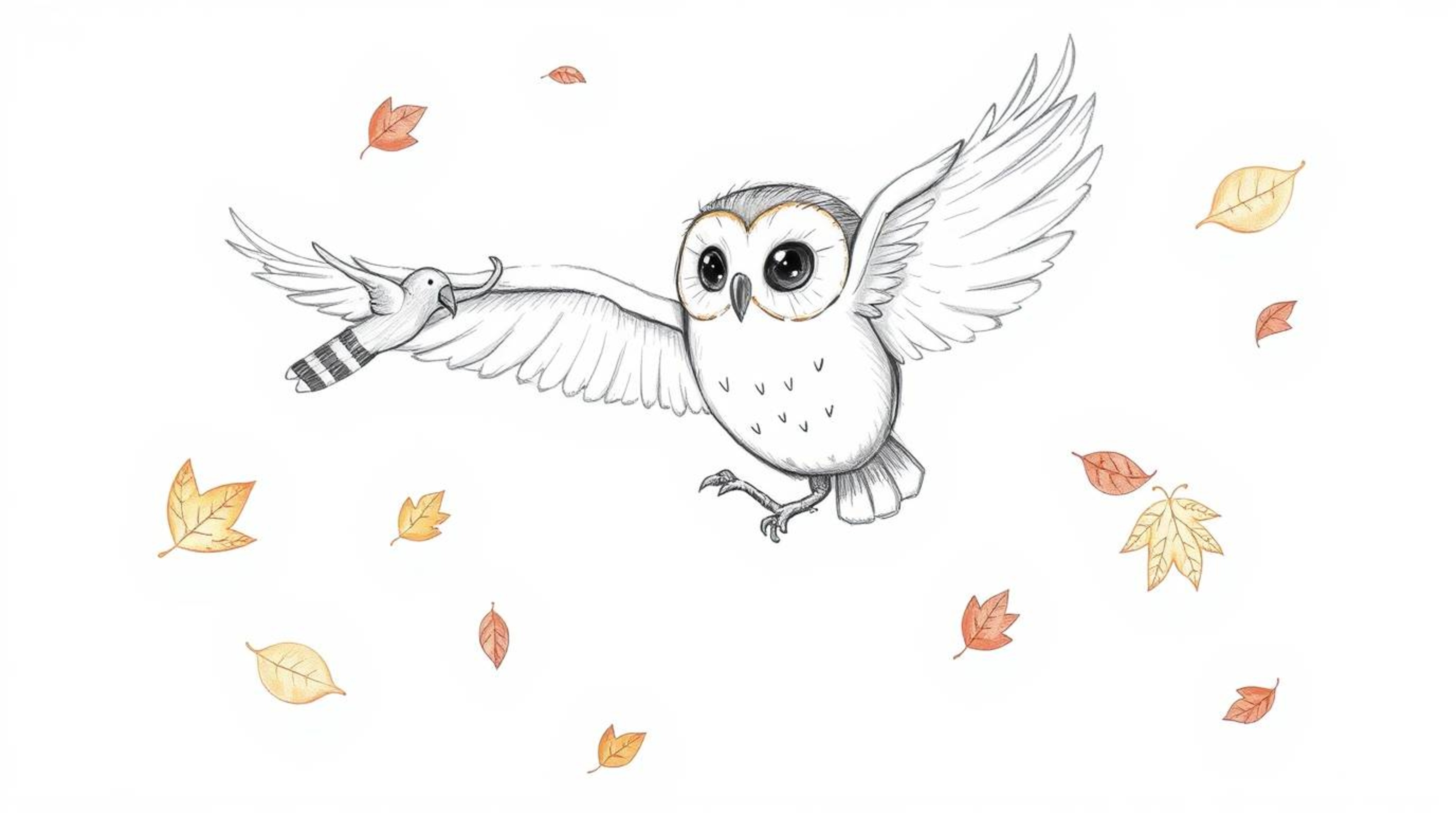 A heartwarming hand-drawn sketch depicts a blind owl, rendered in a soft, rounded Pixar-inspired style, gently spiraling amon