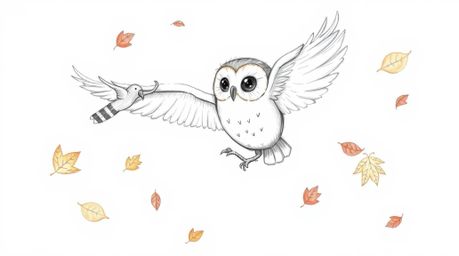 A heartwarming hand-drawn sketch depicts a blind owl, rendered in a soft, rounded Pixar-inspired style, gently spiraling amon